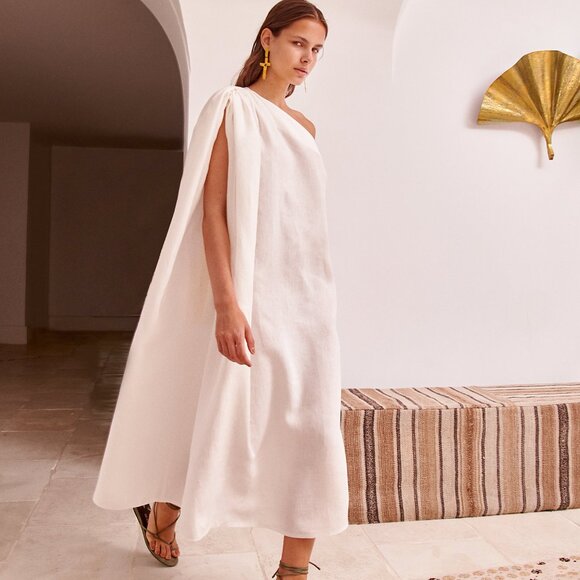 NWOT Piece of WhiteMAesop DressWhite Linen One Shoulder Maxi Long Dress